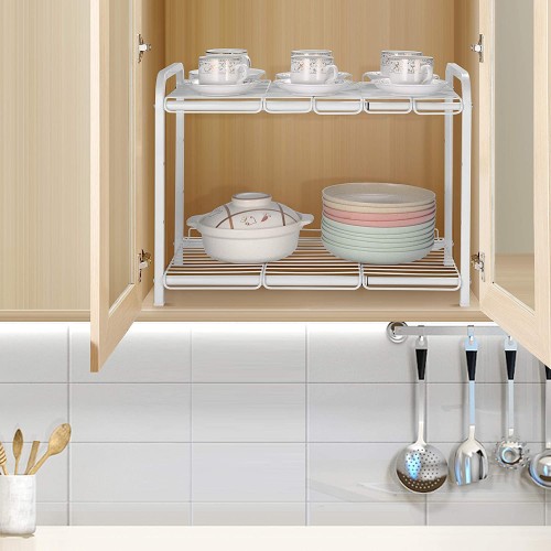 Simple Trending 2 Tier Under Sink Organizer Shelf, Expandable Shelf for Kitchen Bathroom Storage, White