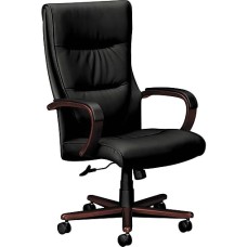 Hon Basyx By VL844 Leather High-Back Chair, Supports Up To 250 Lbs., Black Seat/Mahogany Back, Mahogany Base