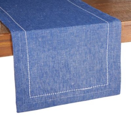 Our Table Coastal Sodalite Blue Hemstitch 90in Linen Cotton Blend Table Runner