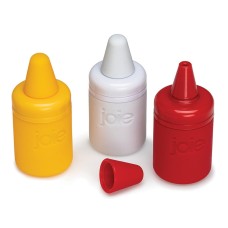 Joie Mini Condiment Containers  3pc Set for Ketchup  Mustard  and Mayo  Refillable Red  White  and Yellow Bottles