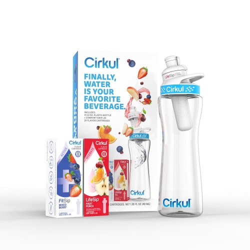 Cirkul 22 oz Plastic Water Bottle Starter Kit with Blue Lid and 2 Flavor Cartridges 