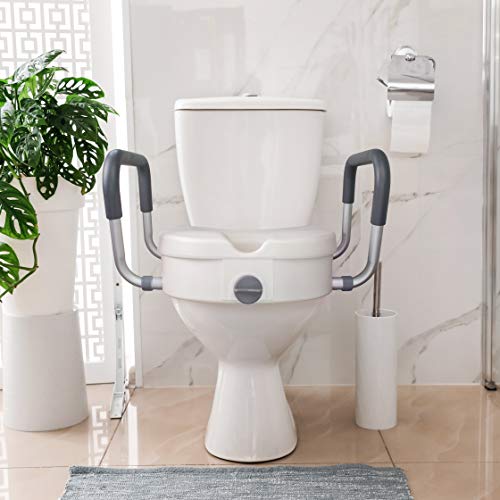 RMS Raised Toilet Seat - 5 Inch Elevated Riser With Adjustable Padded Arms - Toilet Safety Seat For Elongated Or Standard Commode