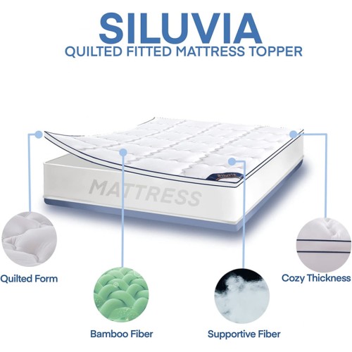 Siluvia Queen Mattress Topper with 400TC 100% Bamboo Cover Extra Queen, White