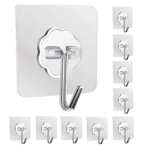 DDMY Adhesive Hooks 13.2LB(Max) Heavy Duty Self Adhesive Hooks Transparent Waterproof and Oilproof Wall Hooks for Kitchen Bathroom Shower Door Outdoor Home Improvement Utility Hook 10 Pack