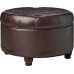 Homepop Home Decor | Large Button Tufted Faux Leather Round Storage Ottoman | Ottoman with Storage for Living Room & Bedroom (Distressed Brown)