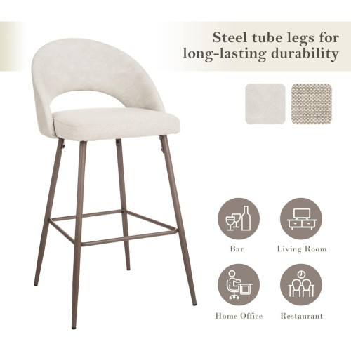 glitzhome Modern High Barstools Set of 2, Tall Fabric PU Leather Bar Stools, Bar Height Mid Back Bar Stools with Metal Brown Legs, 40 Inch Kitchen Pub Bar Chairs, Light Gray