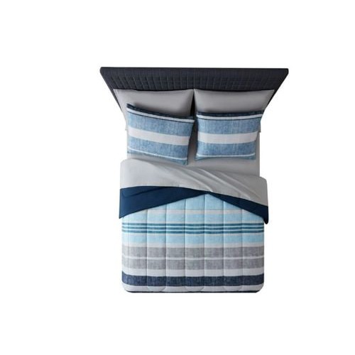 Mainstays Blue Stripe Reversible 7-Piece Bed in a Bag Comforter Set with Sheets  Queen