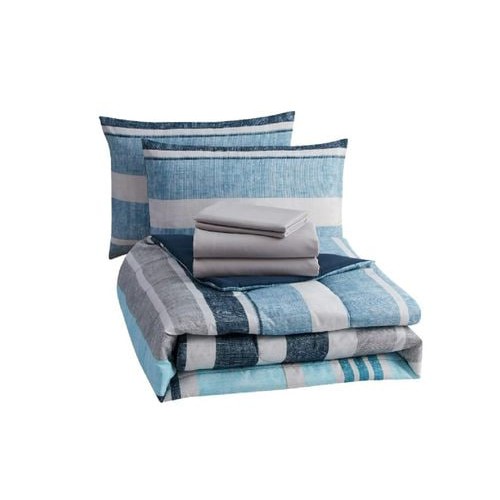 Mainstays Blue Stripe Reversible 7-Piece Bed in a Bag Comforter Set with Sheets  Queen