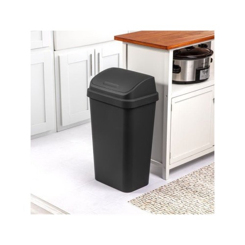 Sterilite 13 Gallon Plastic Swing Top Spave Saving Flat Side Lidded Wastebasket Trash Can For Kitchen, Garage, Or Workspace, Black