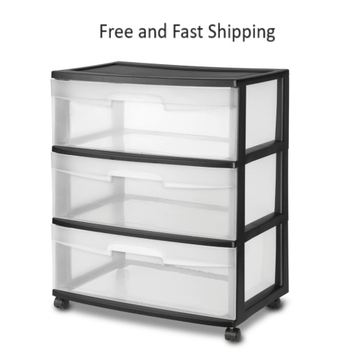 Sterilite Plastic 3 Drawer Cart Wide Tower Black Dorm Portable Storage Rolling