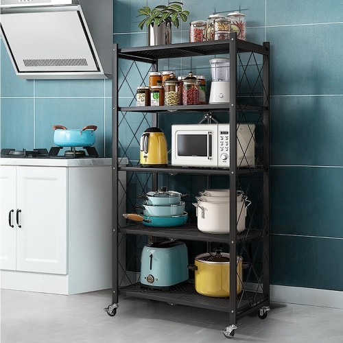 5-Tier Storage Shelving Unit,Heavy Duty Metal Shelf 27.9"x13.4"x62.5,Foldable Storage Shelf with Wheels,Garage Shelf,Metal Storage Rack,Kitchen Shelf with 4 Hooks,No Assemble Require 