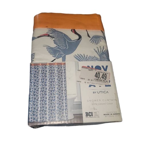 NIP The Novogratz Shower Curtain Cotton Blue Orange Border 72” x 72” Cranes