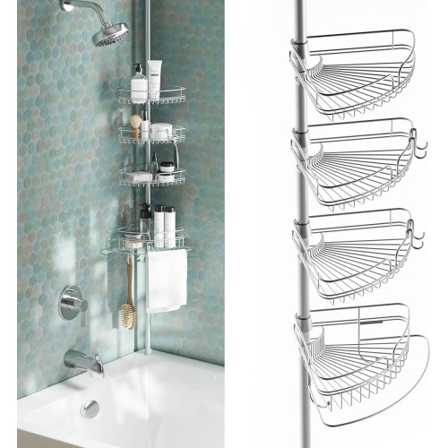 Zenna Home Rust-Resistant Corner Shower Caddy for Bathroom, 4 Adjustable Shelves with Towel Bar and Hooks, with Tension Pole, for Bath and Shower Storage