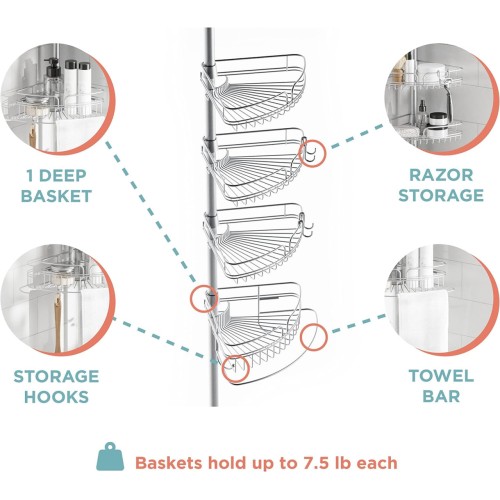 Zenna Home Rust-Resistant Corner Shower Caddy for Bathroom, 4 Adjustable Shelves with Towel Bar and Hooks, with Tension Pole, for Bath and Shower Storage