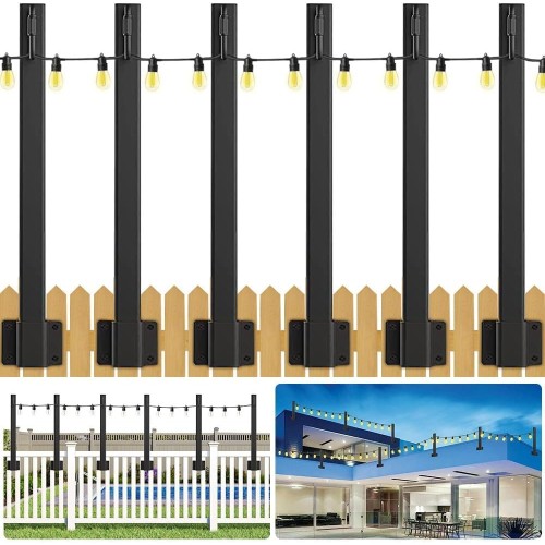 6 Pack 1.3 Ft String Light Poles Hanging Light Poles, Outdoor Light Pole with Clip and Holder Metal Stand, Use for Patio