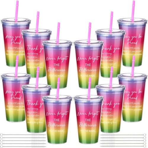 Jinei 6 Pcs Thank You Gifts Rainbow Cups Rainbow Tumblers with Lids and Straws 16oz Glitter Cups Travel Plastic Cup Bulk Rainbow Tumblers Decor Appreciation Gifts for Employee Teacher Nurse Worker