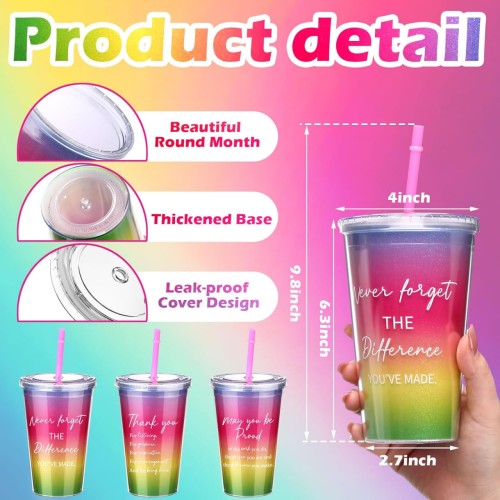 Jinei 6 Pcs Thank You Gifts Rainbow Cups Rainbow Tumblers with Lids and Straws 16oz Glitter Cups Travel Plastic Cup Bulk Rainbow Tumblers Decor Appreciation Gifts for Employee Teacher Nurse Worker