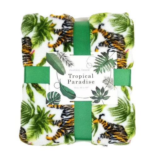 Tropical Paradise Flannel Throw Blanket. Palm & Tiger Print