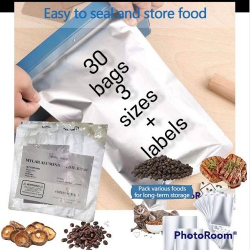 30 bags resealable 3 sizes durable aluminum food Storage with labels