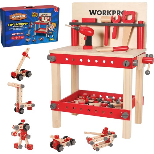 WORKPRO 70PCS Kids Wooden Tool Toy Kit Wooden Workbench & Building Pieces& Tools