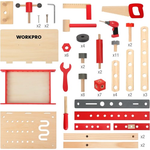 WORKPRO 70PCS Kids Wooden Tool Toy Kit Wooden Workbench & Building Pieces& Tools