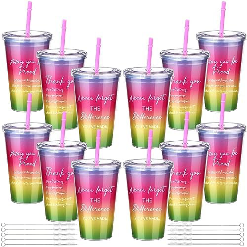 Jinei 6 Pcs Thank You Gifts Rainbow Cups Rainbow Tumblers with Lids and Straws 16oz Glitter Cups Travel Plastic Cup Bulk Rainbow Tumblers Decor Appreciation Gifts for Employee Teacher Nurse Worker