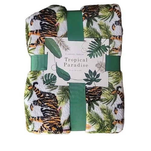 Tropical Paradise Flannel Throw Blanket. Palm & Tiger Print