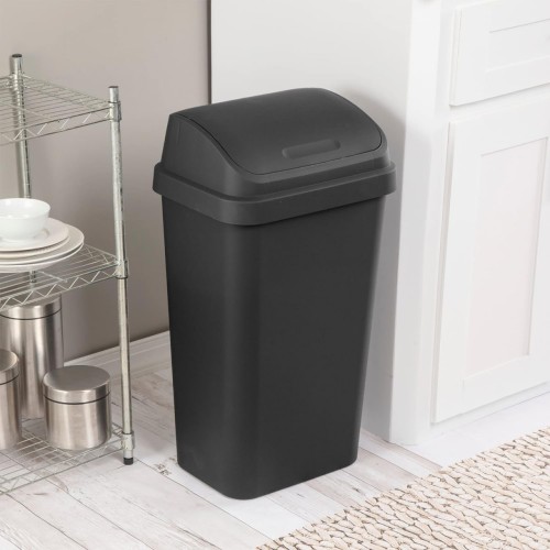 Sterilite 13 Gallon Plastic Swing Top Spave Saving Flat Side Lidded Wastebasket Trash Can For Kitchen, Garage, Or Workspace, Black