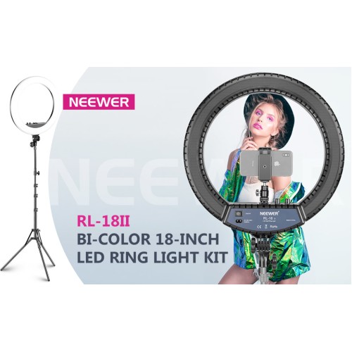 Neewer RL-18II Bi-color 18-inch LED Ring Light with Stand 55W 3200-5600K Dimmable Light with Max. 61.8inch Stand, Remote Phone Holder and Carry Bag for Live Stream Makeup Selfie YouTube Video Shooting