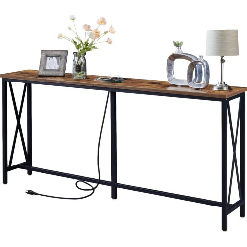 SUPERJARE 70.9 Inch Console Table with 2 Outlet and 2 USB Ports - Rustic Brown, 7922FC