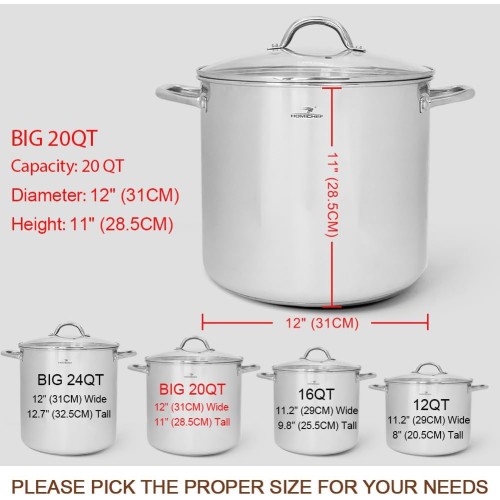 HOMICHEF Commercial Grade LARGE STOCK POT 20 Quart With Lid - Nickel Free Stainless Steel Cookware - Healthy Polished Stockpots - Heavy Duty Induction Soup Pot