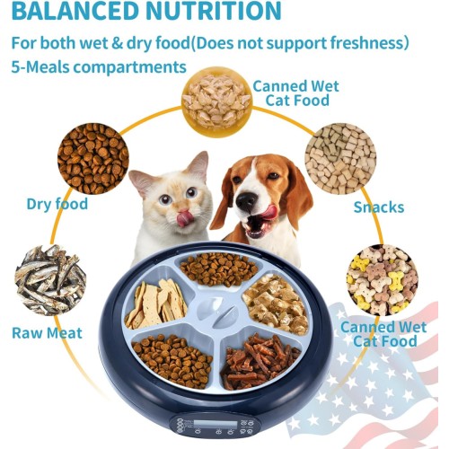 ORSDA Automatic Cat Feeder Wet Food/Dry Food, 5 Meal Timed Pet Feeder with Timer Programmable & Voice Recorder, Dual Power Supply Auto Feeder for Cats/Small Dogs