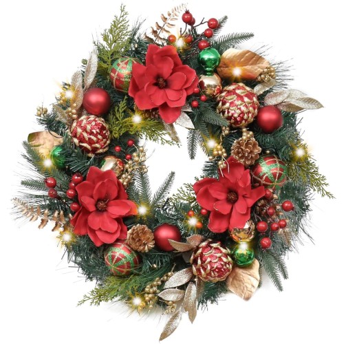 Valery Madelyn Pre-Lit Christmas Wreath for Front Door with Lights, 24 Inch Large Lighted Christmas Wreath with Red Green Gold Xmas Ball Magnolia for Fireplace Window Table Centerpiece Decoration