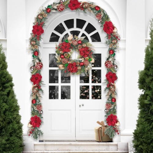 Valery Madelyn Pre-Lit Christmas Wreath for Front Door with Lights, 24 Inch Large Lighted Christmas Wreath with Red Green Gold Xmas Ball Magnolia for Fireplace Window Table Centerpiece Decoration