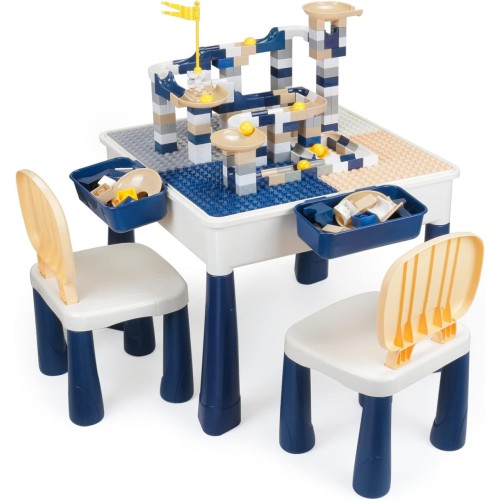 GobiDex All-in-One Kids Table and Chairs Set with 100PCS Marble Run Preschool Classroom Must Haves Multi Activity Toddler Table Kids Building Blocks Toys for Kids Ages 3+