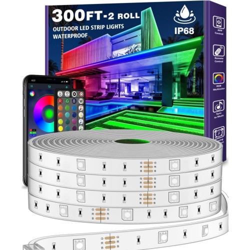 300ft Outdoor LED Strip Lights Waterproof With adhesive backing,IP65 Outside Led Light Strips Waterproof with Bluetooth App Remote,Music Sync RGB Exterior Led Rope Lights,for Balcony,Deck,Roof,Pool