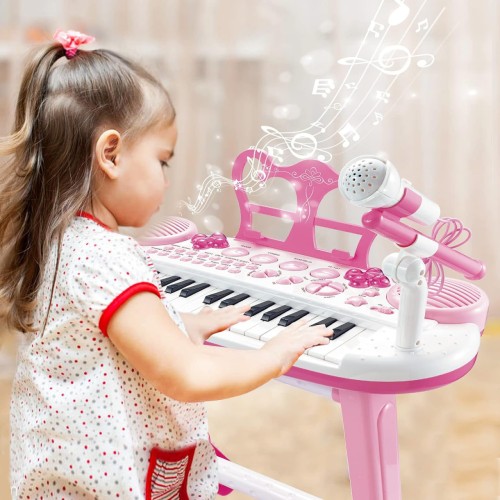 Kids Piano Keyboard Toys, 31-Keys Piano for Toddler Ages 3-5-9, Educational Toys with Microphone, Stool, Portable Multifunction Electronic Musical Instrument, 3+Year Old Girls Birthday Gift Ideas-Pink