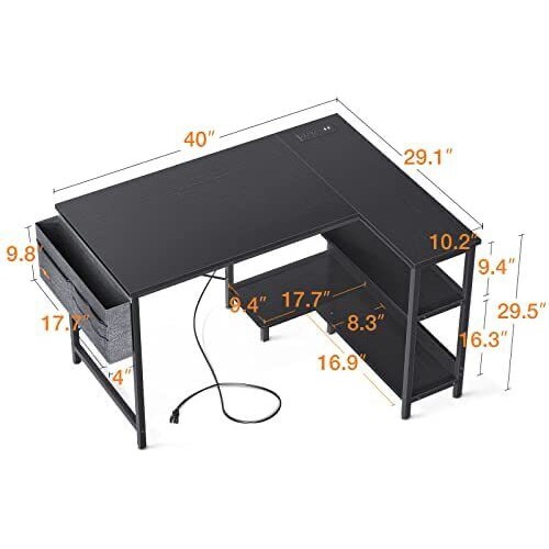 ODK 40 Inch Small L Shaped Gaming Computer Desk with Power Outlets, Reversibl.