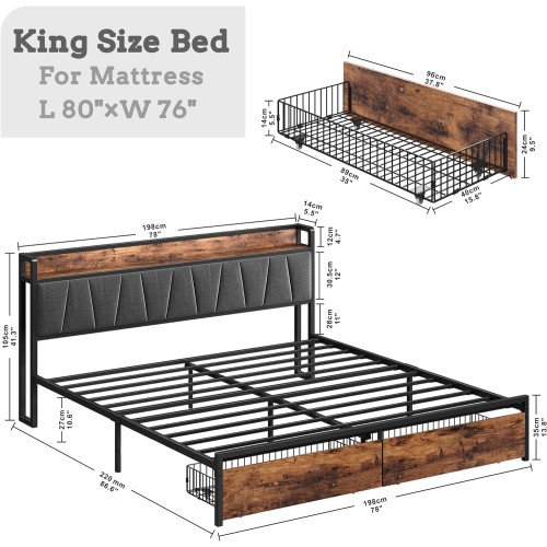 LIKIMIO King Size Bed Frame, Storage Headboard with Charging Station & Nightstand, Bedside Table with Charging Station, Small End Table