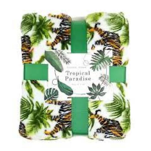 Tropical Paradise Flannel Throw Blanket. Palm & Tiger Print