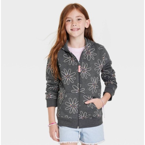 Cat & Jack Girls' Printed Zip-Up Fleece Hoodie Charcoal Gray S