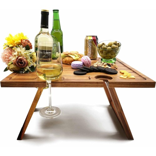 SASIDO Portable Wine Picnic Table Foldable, Wine Gifts, Acacia Wood, Charcuterie Board Tray, Bed Tray for Eating, Decor for Romantic Dinners, Beach, Camping, Concerts at Park, Glamping