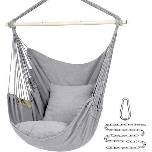 Y- STOP Hammock Chair Hanging Rope Swing Chair, Max 500 Lbs, 2 Seat Cushions Included, Removable Steel Spreader Bar with Anti-Slip Rings, Hardware kit-for Indoor or Outdoor(Light Grey)