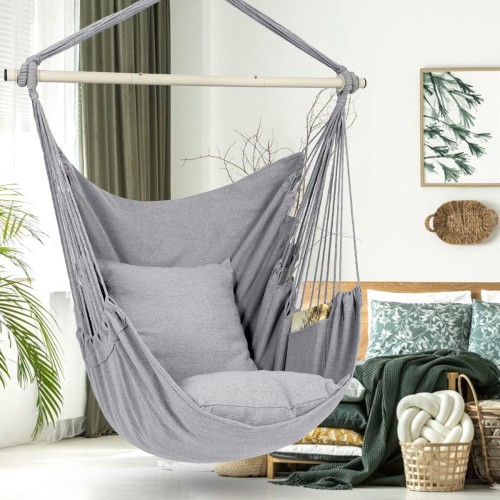 Y- STOP Hammock Chair Hanging Rope Swing Chair, Max 500 Lbs, 2 Seat Cushions Included, Removable Steel Spreader Bar with Anti-Slip Rings, Hardware kit-for Indoor or Outdoor(Light Grey)