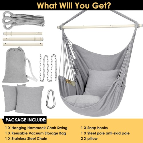 Y- STOP Hammock Chair Hanging Rope Swing Chair, Max 500 Lbs, 2 Seat Cushions Included, Removable Steel Spreader Bar with Anti-Slip Rings, Hardware kit-for Indoor or Outdoor(Light Grey)