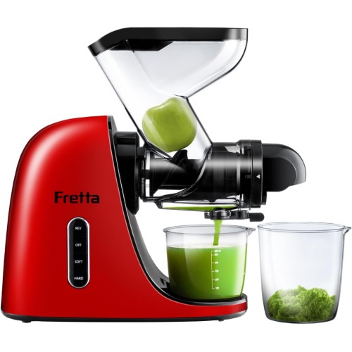 Fretta by Aumate Slow Masticating Juicer, Large Feed Chute Cold Press Juicers Machine for Whole Large Pieces of Fruit & Veggies, Anti-drip Design, Easy to Clean Juice Extractor, 2 Speed Mode,200W(Red)