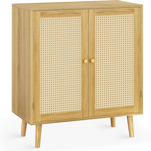 Huuger Buffet Cabinet with Storage, Storage Cabinet with PE Rattan Decor Doors, Accent Cabinet with Solid Wood Feet, Sideboard Cabinet for Hallway, Entry, Living Room, Natural