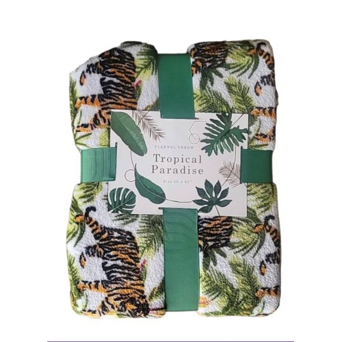 Tropical Paradise Flannel Throw Blanket. Palm & Tiger Print 50 × 60