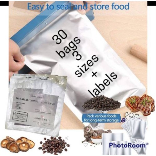 30 bags resealable 3 sizes durable aluminum food Storage with labels