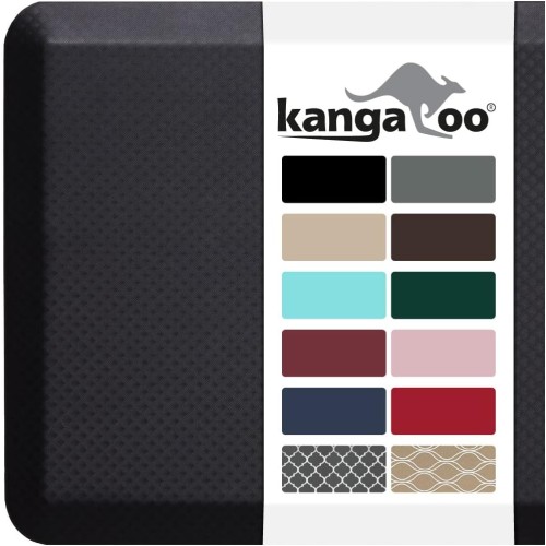 KANGAROO Thick Ergonomic Anti Fatigue Cushioned Kitchen Floor Mats, Standing Office Desk Mat, Waterproof Scratch Resistant Topside, Supportive All Day Comfort Padded Foam Rugs, 39x20, Black